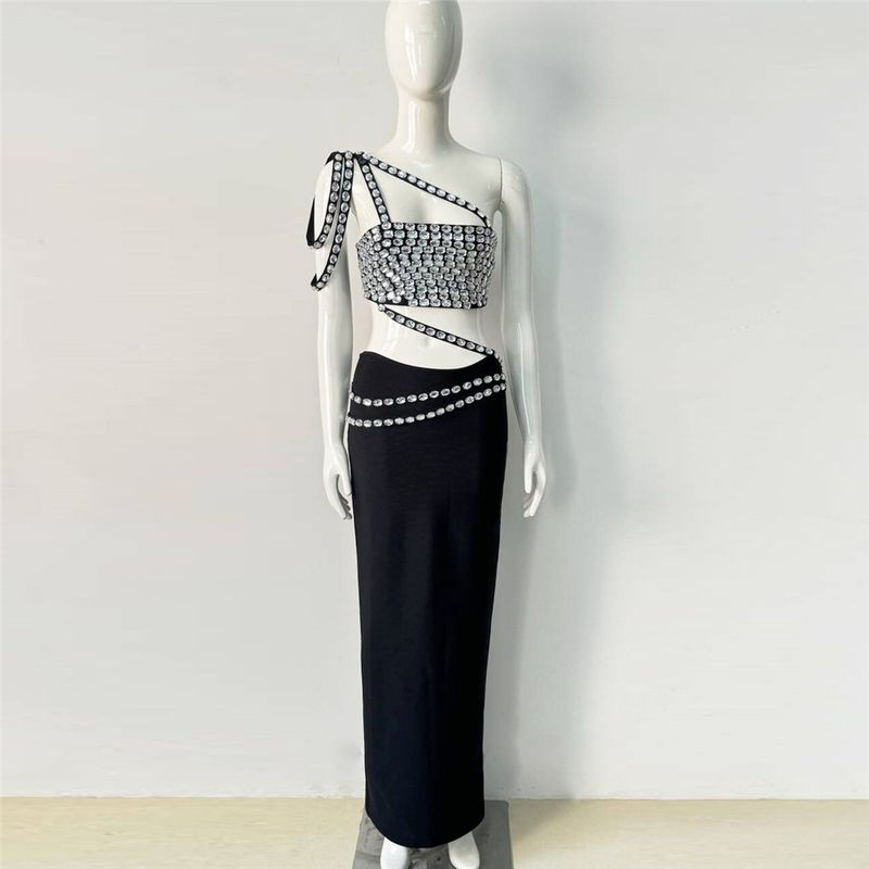 Abbigliamento da donna, nuovo set di gonna con fasciatura in strass, abito da festa alla moda, due pezzi, top e gonna lunga con fasciatura_voghion.com