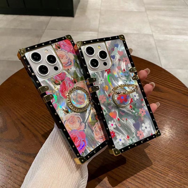 For Iphone 11 12 13 14 15 Pro Max Plus Luxury Laser Flower Diamond Ring Holder Stand Square Phone Case Cover_voghion.com