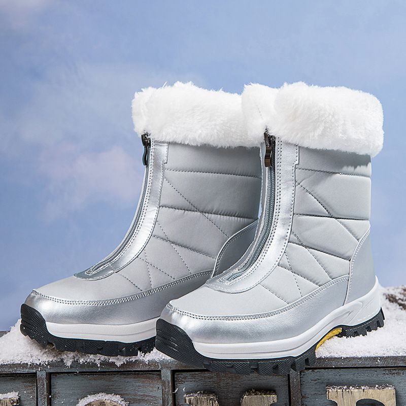 Dames sneeuwlaarzen met rits aan de voorkant en lange pluche voering, dikke warme winterlaarzen, waterdicht en slipvast, hoge katoenen laarzen_voghion.com