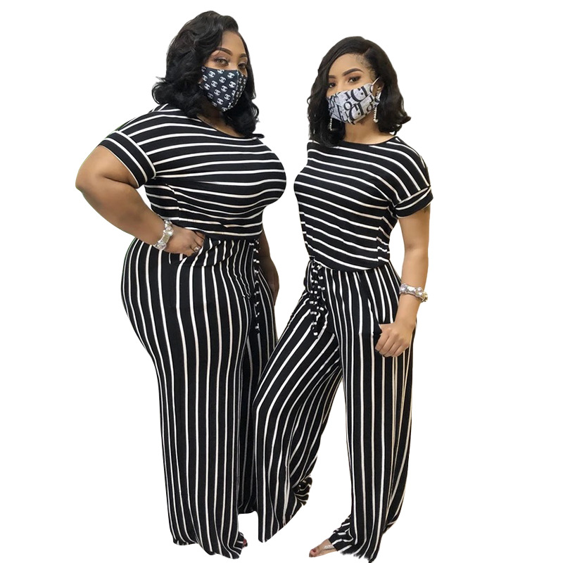 striped printed knitted stretch style women's plus size jumpsuit_voghion.com