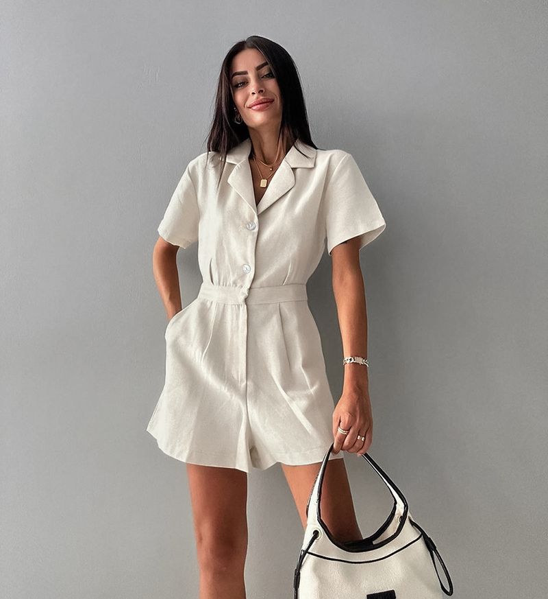Khaki Linen Waist-cinching Wide-leg Jumpsuit For Women, Commuting Professional Short-sleeve Jumpsuit, Autumn Women's_voghion.com