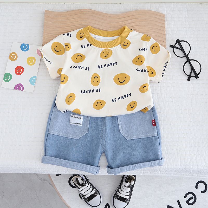 Sommarkostym 2024 Nya Moderiktiga Spädbarns- och Småbarnskläder Pojkar Heltryck Leende Ansikte Kortärmad Två_voghion.com