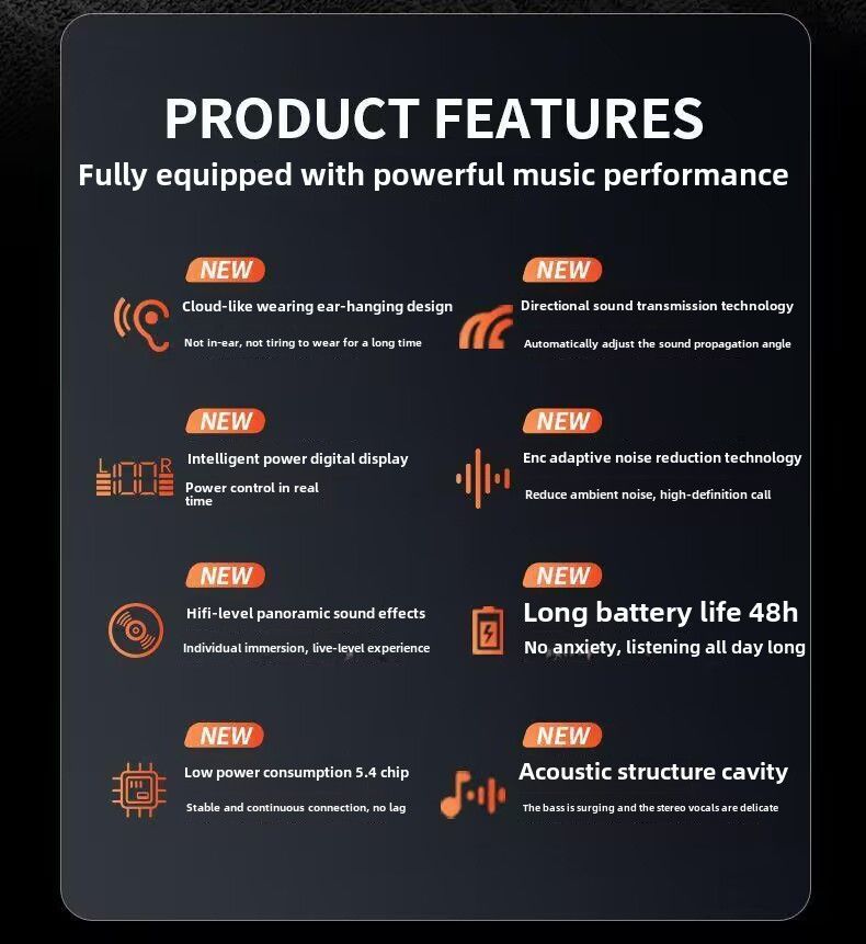 Casque Bluetooth Yashoo - Non porté dans l'oreille, affichage de la batterie, adapté au sport, aux jeux, réduction active du bruit 12 heures de lecture, un seul couplage_voghion.com