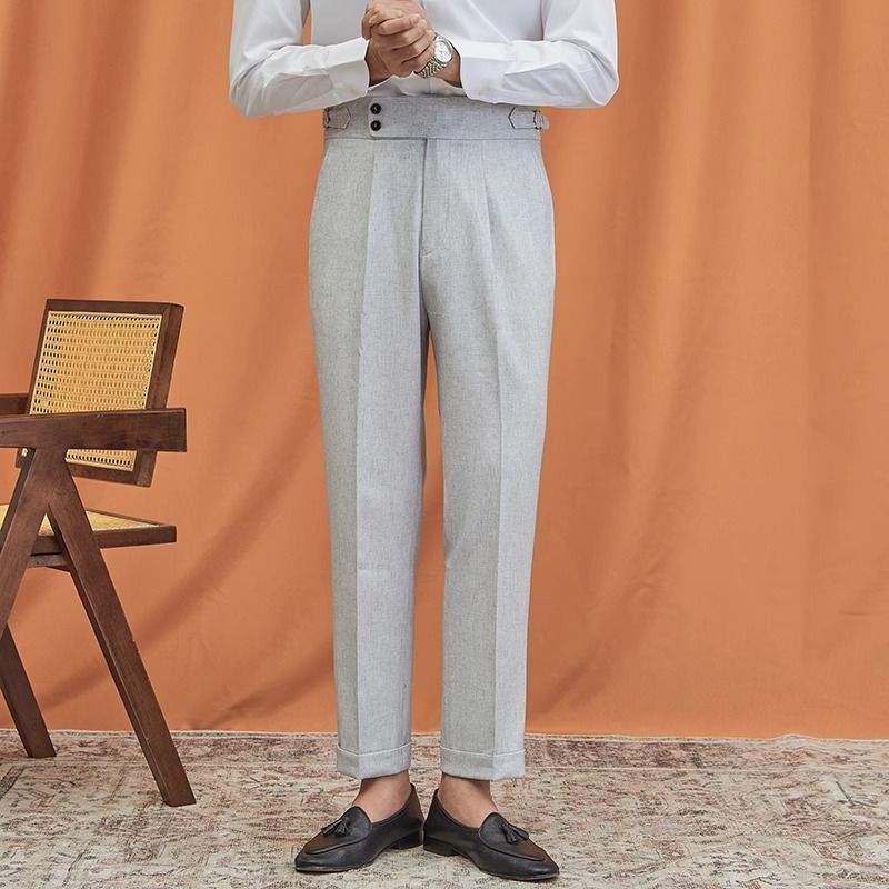 Calça reta masculina Nápoles de alta qualidade para trabalho e deslocamento, terno cinza claro_voghion.com