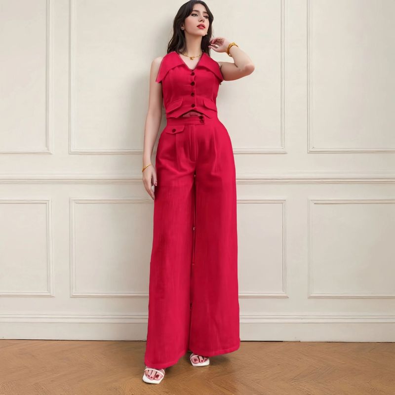 2025 Summer New Women's Solid Color Sleeveless Top Waist-Cinching Two-Piece Casual Long Pants Set_voghion.com
