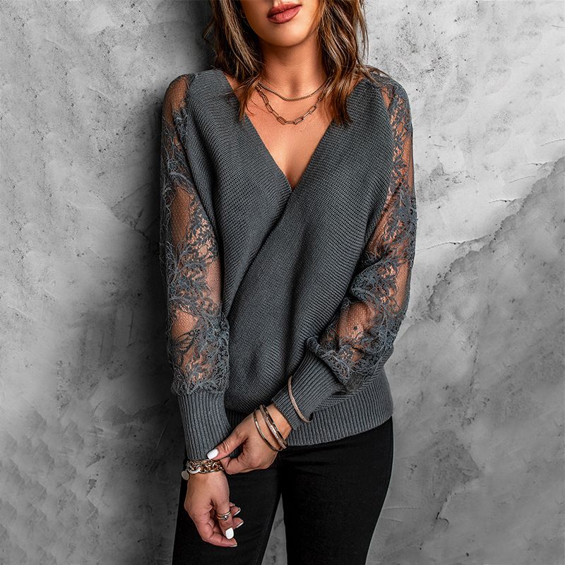 Women's Autumn New V-neck Lace Hollow Long Sleeve Knitted Sweater
