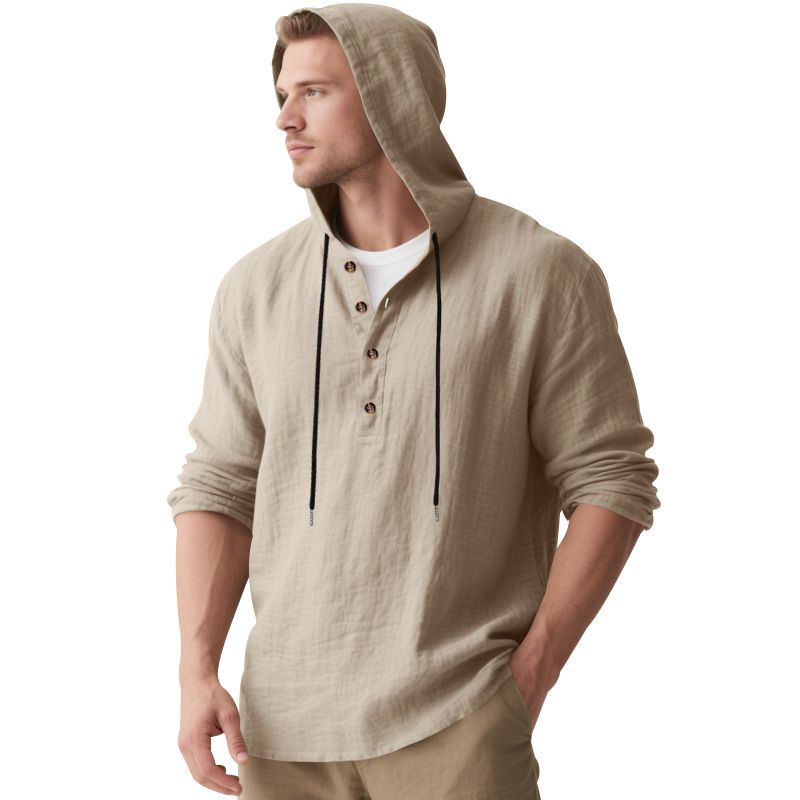 Lente en herfst lang mouwen linnen overhemd heren capuchon casual losse T-shirt trui heren_voghion.com