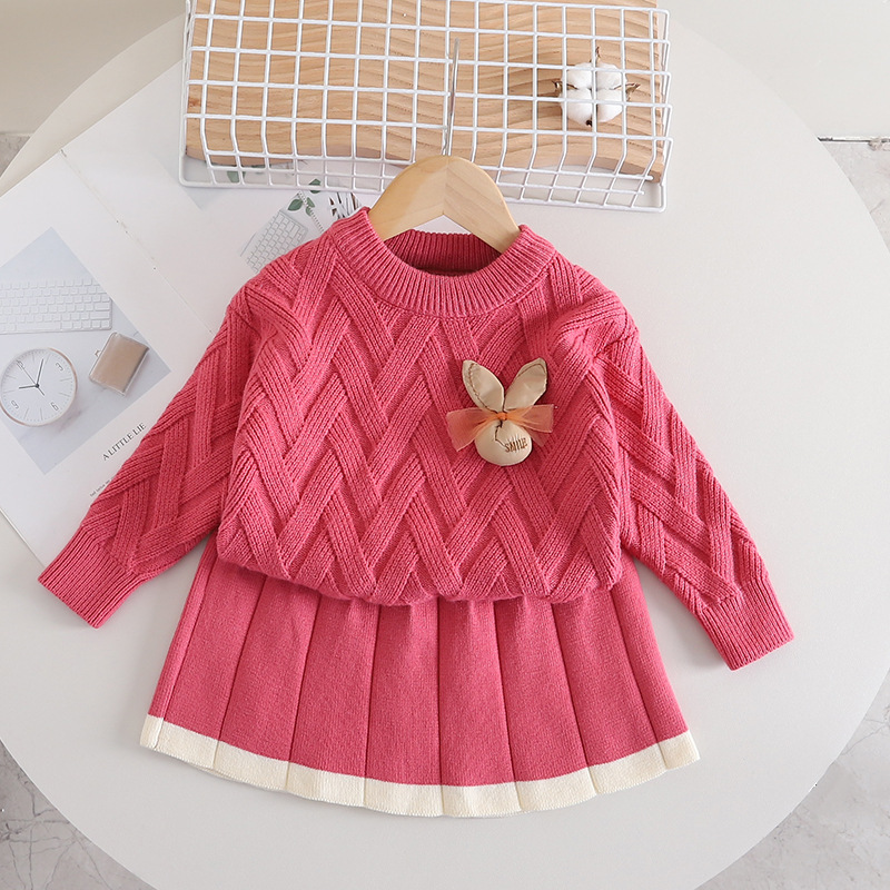 Mädchen Pullover Kleid Herbst Und Winter Reine Farbe Kaninchen Kopf Stricken Zwei-stück Langarm Für Baby Mädchen_voghion.com