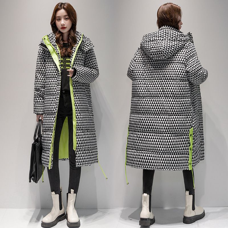 Women's Long Plaid Puffer Coat With Hood, Thickened Knee-Length Quilted Down Jacket For Winter, Oversized Casual Parka_voghion.com