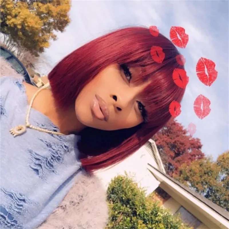 Braziliaanse pruik van echt haar met pony Remy steil haar Bob pruiken Volledig machinaal gemaakte pruik voor vrouwen 8-14 inch Lijmloze bob pruiken_voghion.com