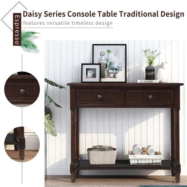 Console Table Traditional Design With Two Drawers And Bottom Shelf (Espresso)_voghion.com