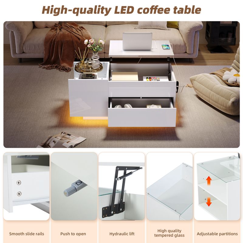 Table basse réglable en hauteur 95 x 48 x 42 cm avec rangement dissimulé, éclairage LED, tiroir et prise – Table d'appoint de salon blanche_voghion.com