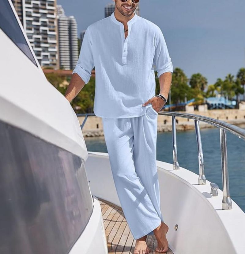 Autumn Foreign Trade Hot Sale Men's Solid Color Casual Sleeve Shirt Long Pants Set Trendy_voghion.com