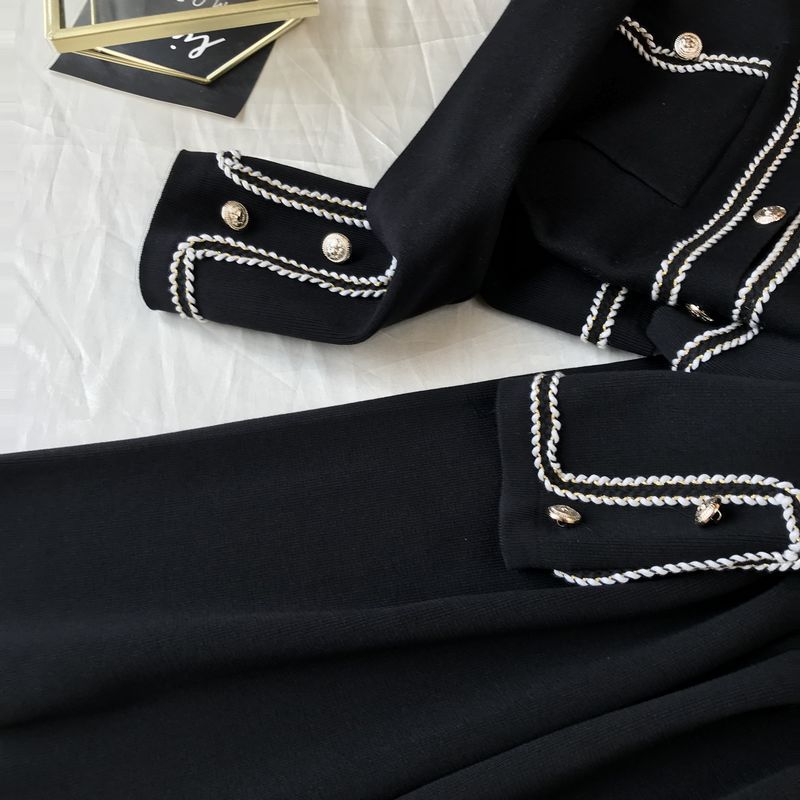 Kadın moda yuvarlak boyun örme hırka üst geniş bacak pantolon iki parçalı set_voghion.com