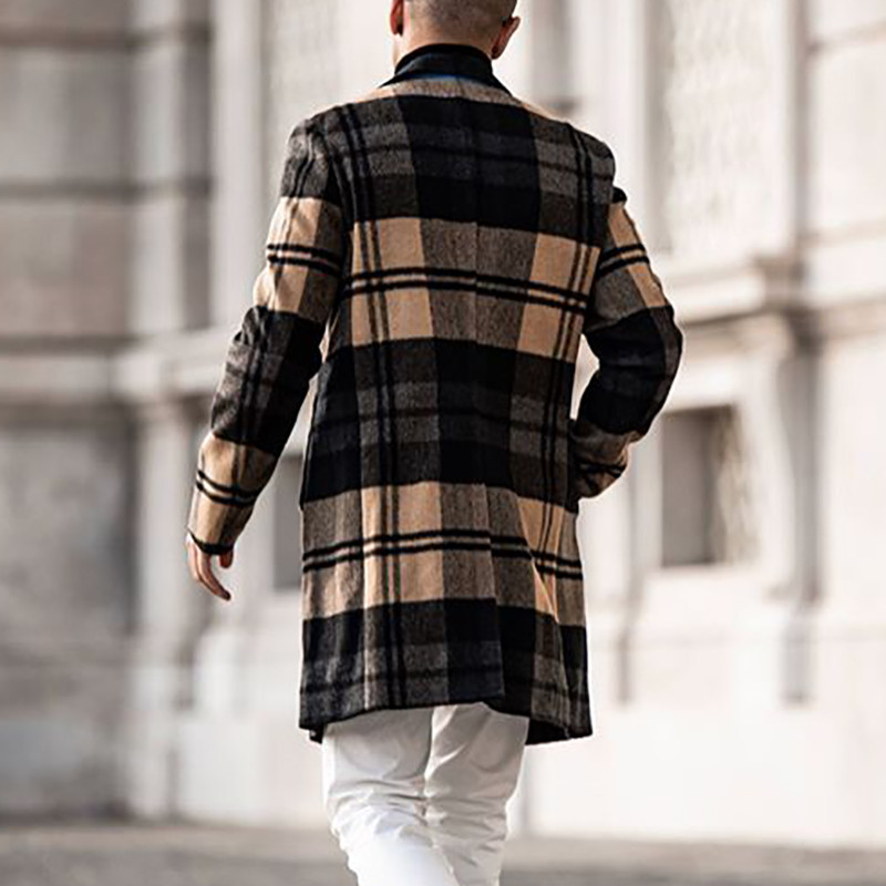Abrigo casual de longitud media delgado de lana a cuadros para hombre_voghion.com