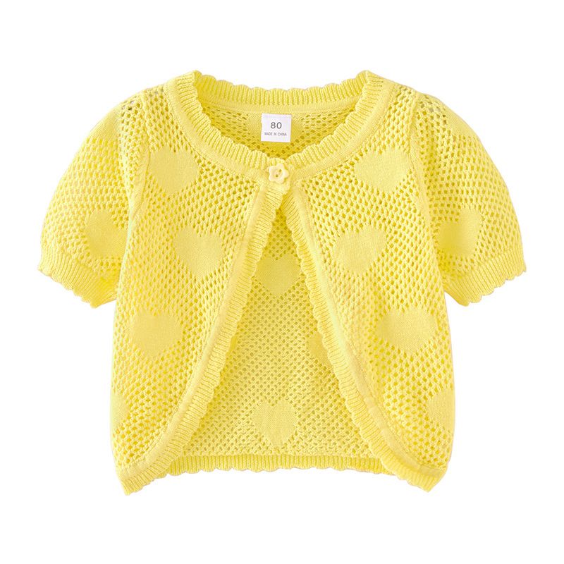 Cardigan in maglia con un bottone per bambine e ragazze, manica corta, estivo, leggero, in morbido cotone con scollo rotondo_voghion.com