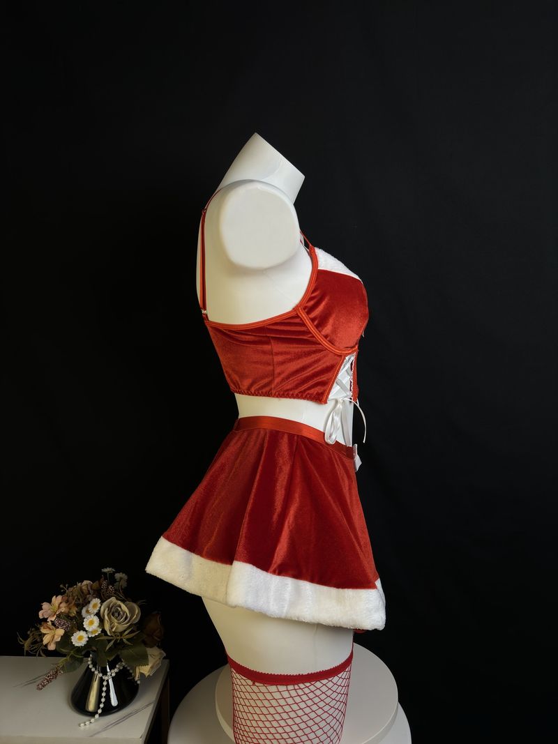 Christmas Sexy Clothing Abstinence Bow Split Uniform With Mesh Socks Set_voghion.com