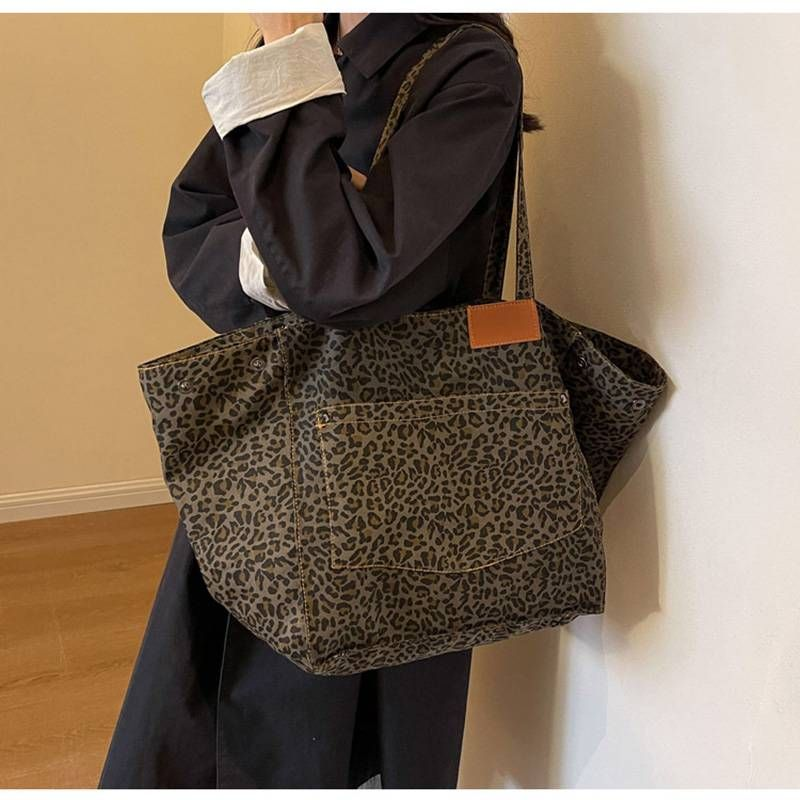 Leopard Capacity Ladies Tote Retro Shoulder Armpit Canvas Large Bag_voghion.com