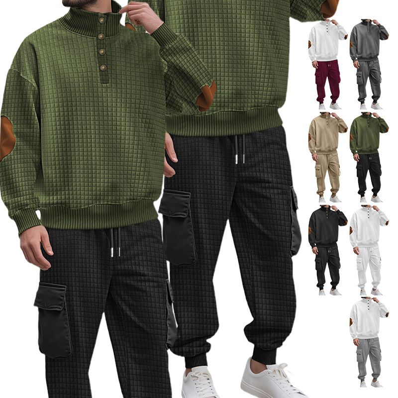 Conjunto de sudadera con capucha y joggers de punto a cuadros para hombre: 2 piezas, estilo informal de negocios, 100 % poliéster, resistente a las arrugas y transpirable._voghion.com
