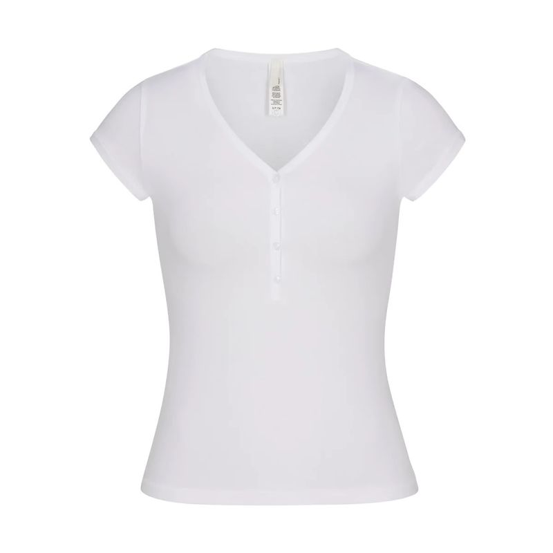 Damenbekleidung Neues Vintage-Sommer-Kurzarm-T-Shirt aus reiner Baumwolle mit Knopfleiste und V-Ausschnitt_voghion.com