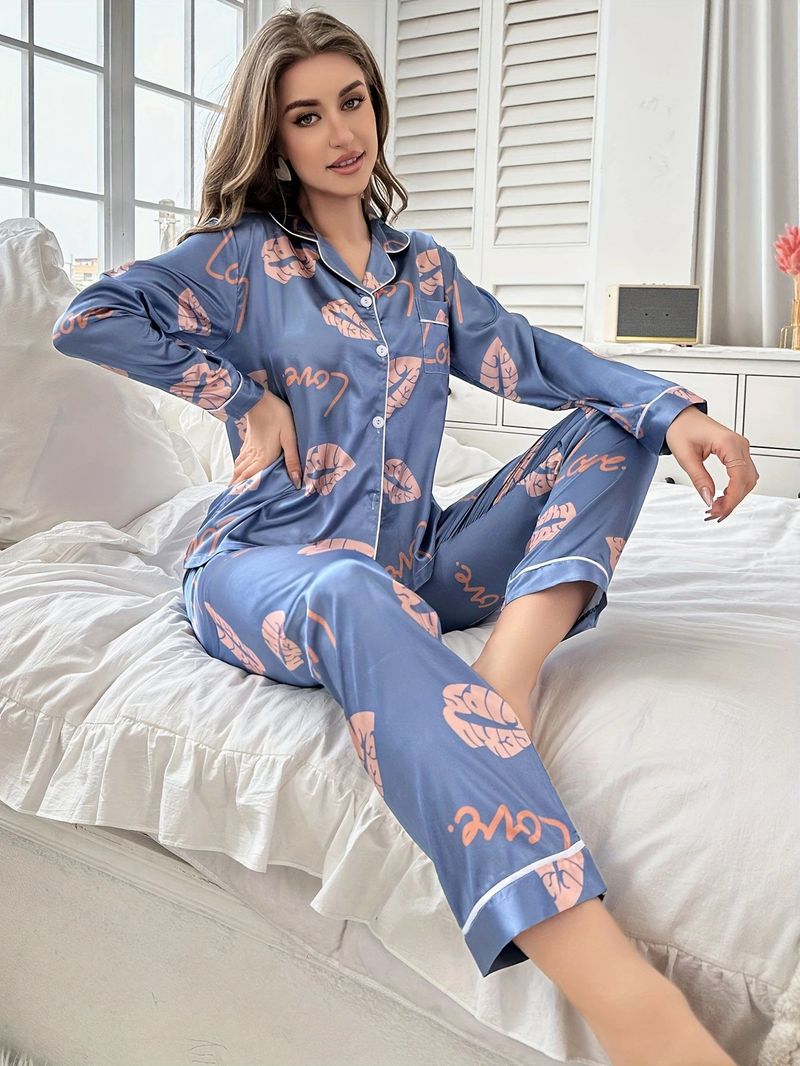 Luxury Blue Lip Print Silk Sleepwear Set - V-Neck Long Sleeve Pajamas For Women, Lightweight & Breathable, Home & Lounge Wear_voghion.com
