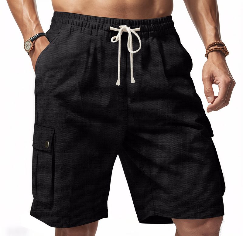 Pantalones cortos casuales de playa de lino con nudo de bambú para hombre de American Amikaji Outdoor Tactical Workwear de verano_voghion.com