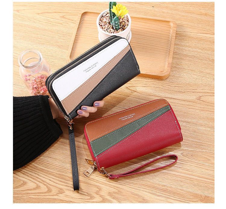 Nueva cartera con doble cremallera para mujer, larga, estilo coreano, con costuras en contraste de color, gran capacidad, doble capa, cartera para teléfono móvil_voghion.com