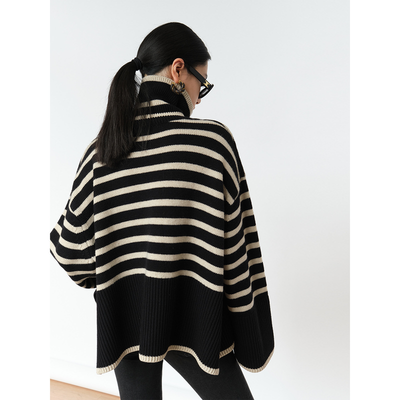 Gestreifter Stehkragen für Damen, neuer Frühling und Herbst, lockeres Design, Sinn für Nischen-Strickpullover, Pulloverjacke_voghion.com