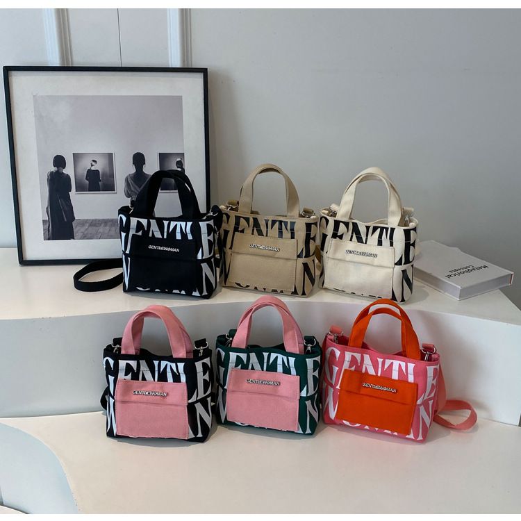 Borsa a tracolla casual in tela portatile con stampa di lettere mini in hardware Thailand Gentle Woman, colore a contrasto_voghion.com