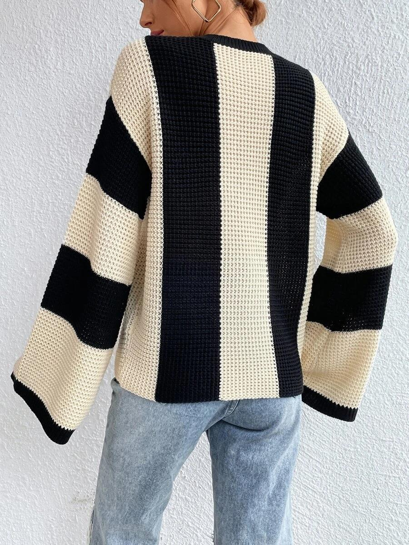 Spring and autumn knitted sweater top round neck striped design niche sweater jacket for women_voghion.com