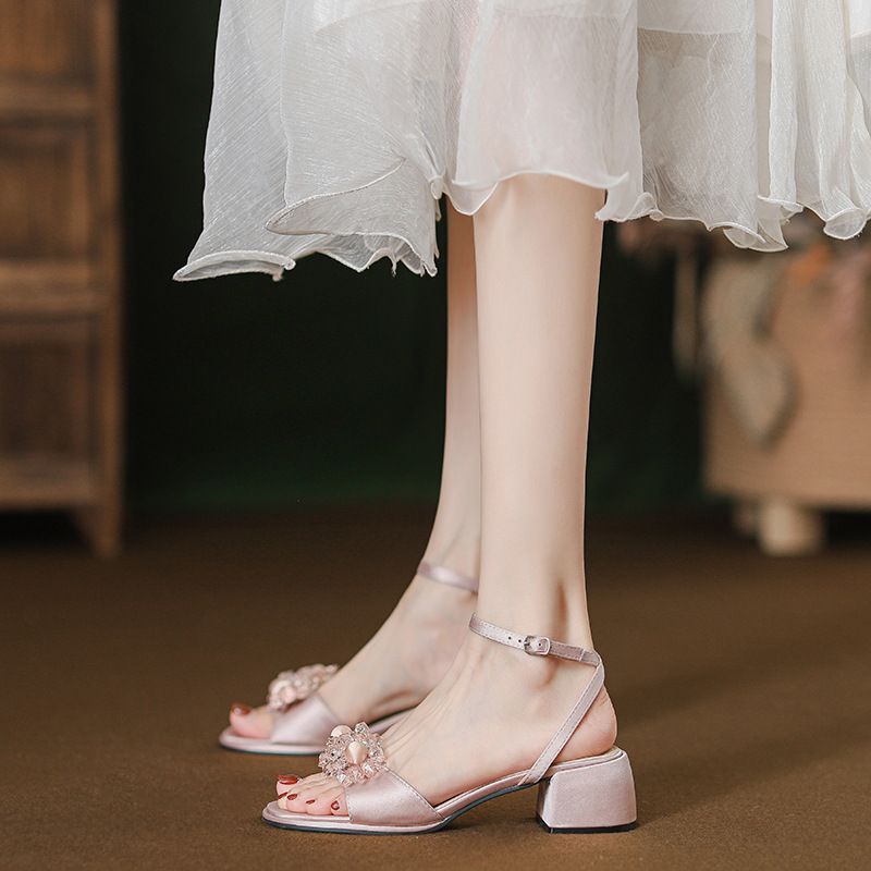 Wide Toe Round Head Chunky Rhinestone Mid Heel Mary Jane Women's Sandals Comfortable For Long Wear Versatile New Summer_voghion.com