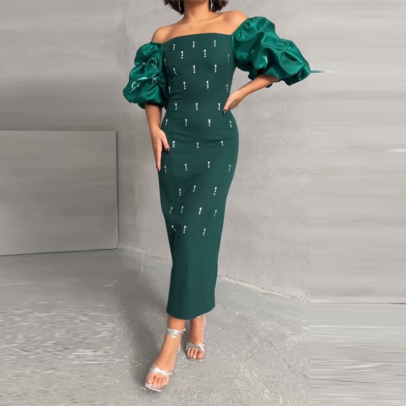Gonna lunga a pois retrò alla moda con colletto semiaperto, vestibilità aderente, da donna_voghion.com