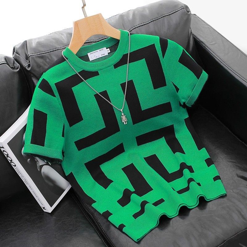 Maglione da uomo in maglia di lana a righe, a maniche corte, a girocollo, a righe, in autunno e inverno_voghion.com