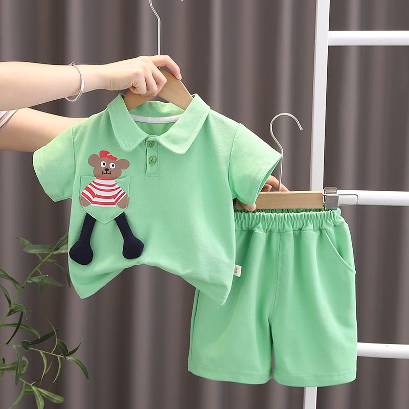 Ensemble deux pièces pour garçons, short à manches courtes, ours de poche, dessin animé, à la mode, pour bébé, nouvelle collection été 2024_voghion.com