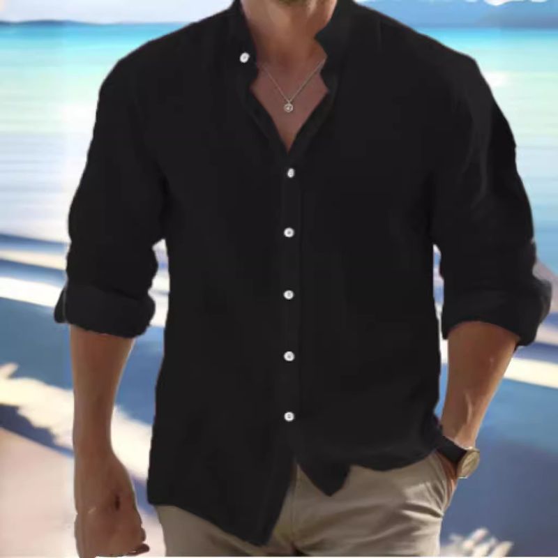 Strandhemd aus Leinen für Herren mit Knöpfen, langärmeliger, schlichter Kragen, lässige Alltagskleidung für Frühling und Sommer_voghion.com