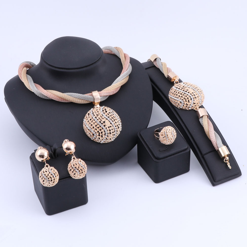 Dubai Gold Bunte Halskette Armband Braut Kristall Schmuck Sets Für Frau Ohrringe Ring Party Geschenke Zubehör_voghion.com