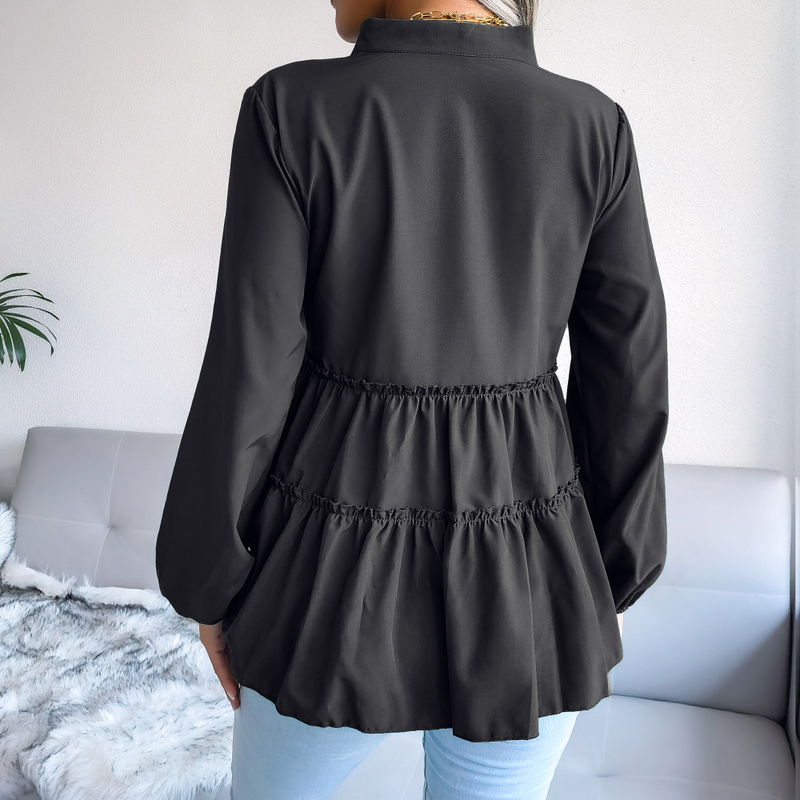 2023 Lantern Long Sleeve Casual Loose Ruffle Hem Chiffon Blouse Women's Fashion_voghion.com