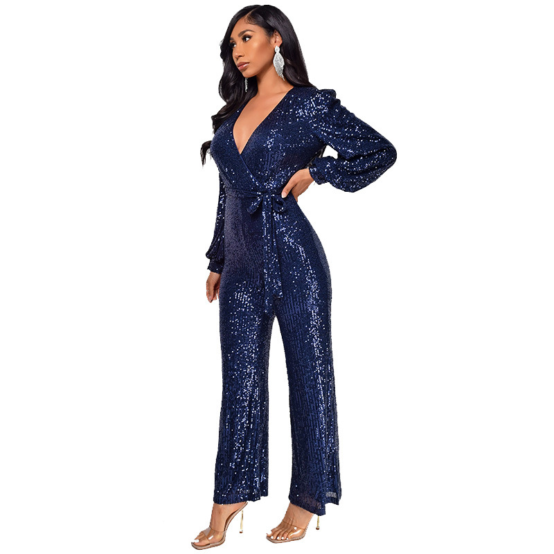 Damkläder Ins Style Deep V Mode Casual Jumpsuit Långärmat Bälte Paljett Jumpsuit Dam_voghion.com