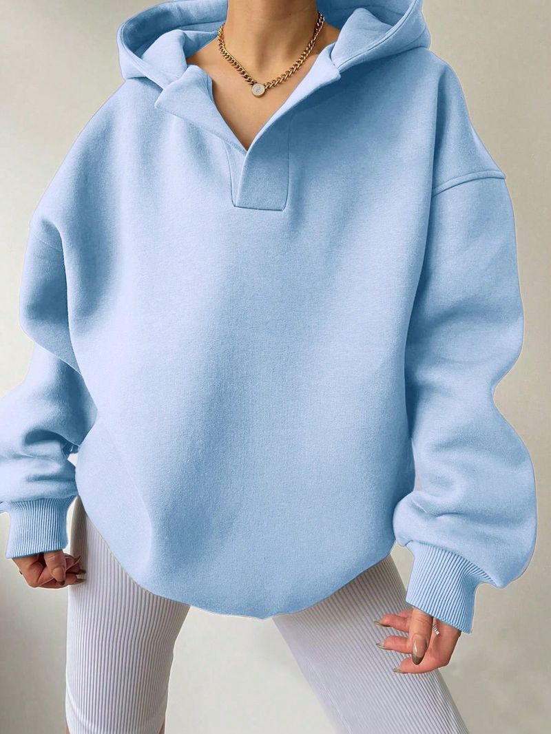 Women's Clothing Sweatshirt Solid Color Long Sleeve Hooded Solid Color Loose Sweater Women's Top_voghion.com