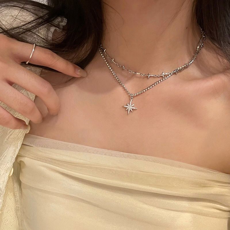 Sweet and cool six-pointed star necklace female ins hip-hop cold style simple clavicle chain 2023 new style necklace_voghion.com