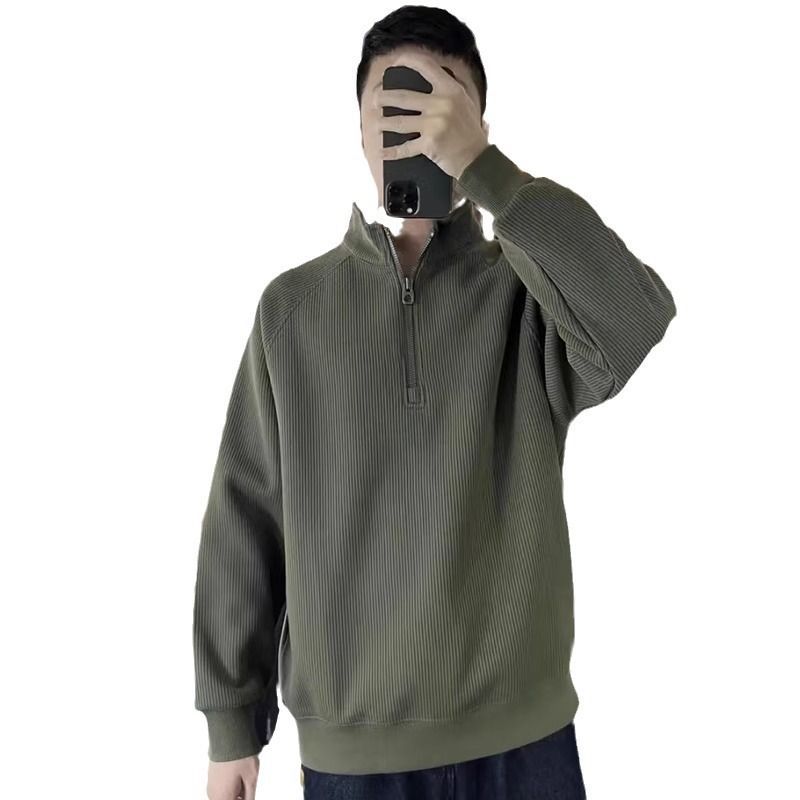 Felpa con collo alto testurizzata in stile primaverile per uomo con mezza cerniera, semplice tinta unita, versatile, ampia maglia casual a maniche lunghe_voghion.com