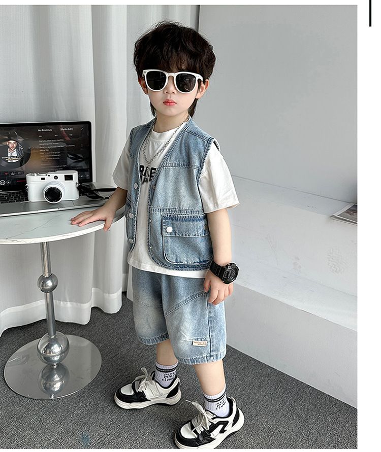 Ropa para niños Chaleco vaquero de verano Traje de tres piezas Nuevo estilo de verano para niños Traje de moda de celebridades de Internet Ropa y pantalones de moda_voghion.com
