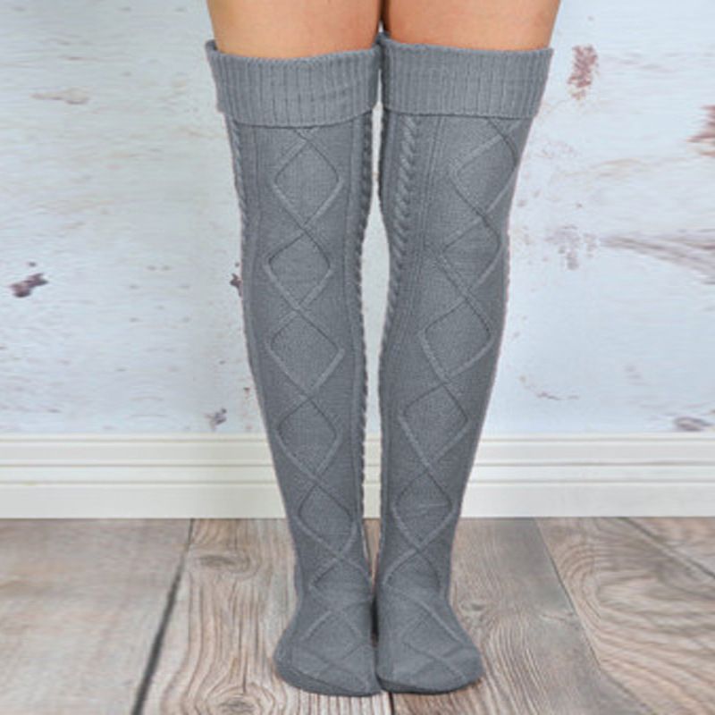 Calcetines de lana de punto para mujer, con borde enrollado de diamante, color liso, holgados, por encima de la rodilla, otoño e invierno, gran oferta, 2025d_voghion.com
