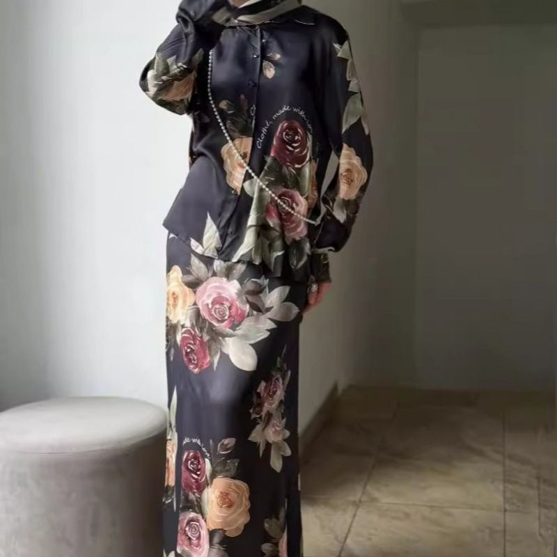 Nuovo set di camicia e gonna in raso stampato per donna musulmana, moda casual_voghion.com