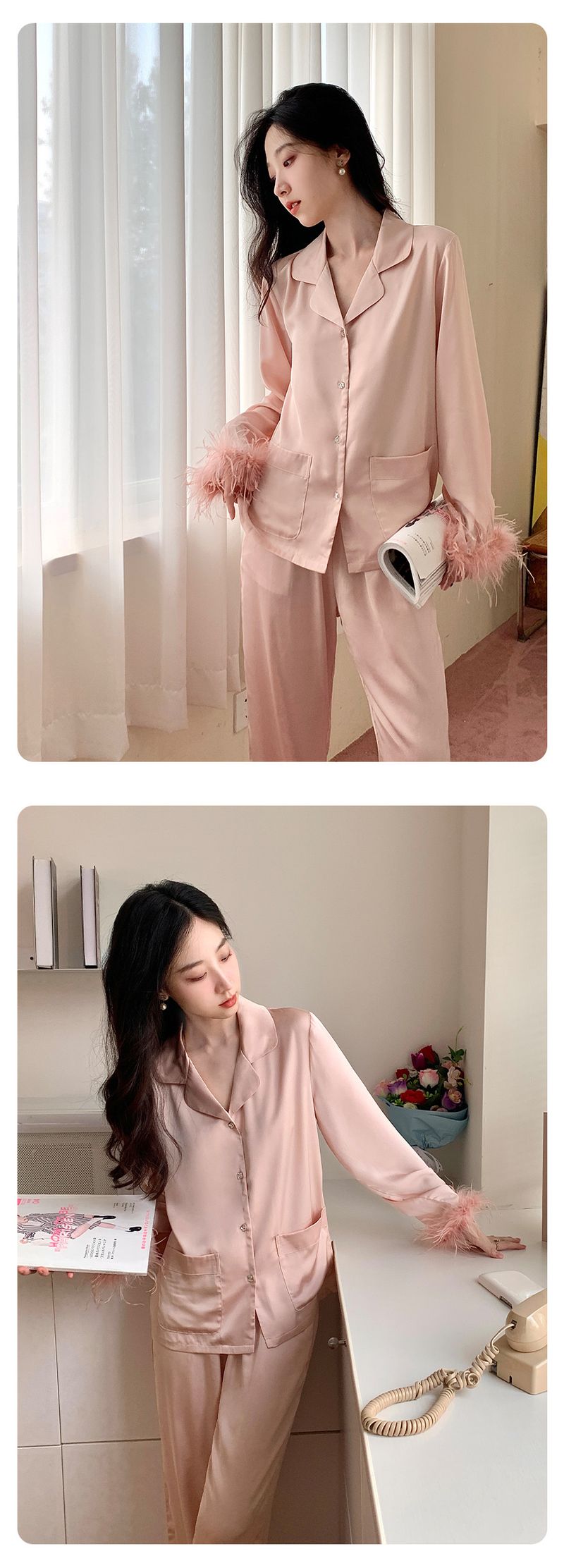 Pigiami da donna primavera ed estate seta ghiacciata manica lunga grandi dimensioni di alta qualità tinta unita abito stile Xiaohongshu leggero lusso piuma casa vestiti_voghion.com