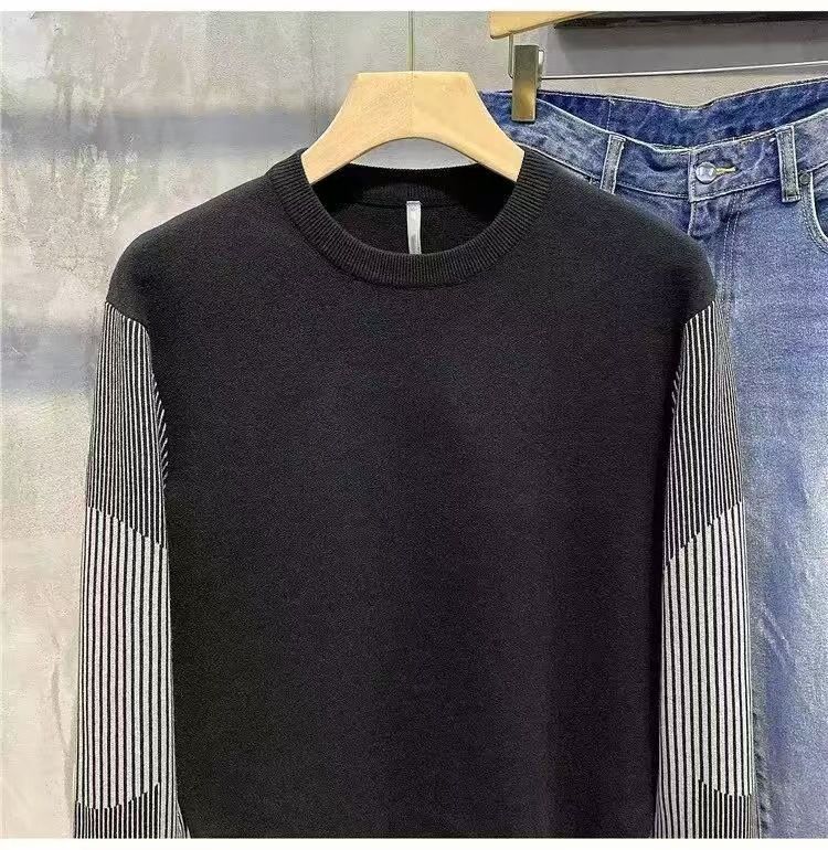 Suéter de punto a rayas para hombre, de moda, ajustado, con cuello redondo y diseño de bloques de color, informal y elegante para otoño e invierno._voghion.com