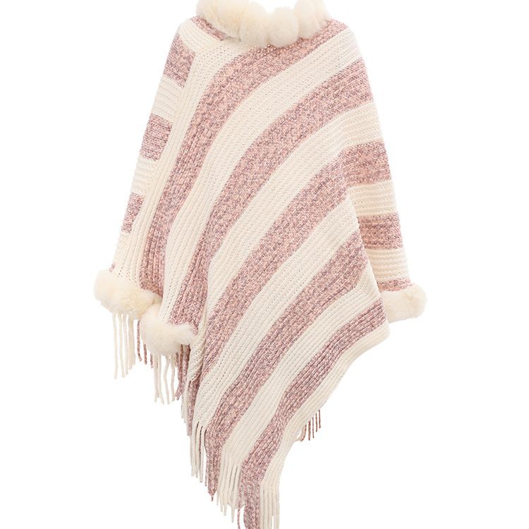 Women's Shawls Imitation Rex Rabbit Fur Collar Knitted Pullover Cape Women's Chenille Warm Striped Shawl Sweater_voghion.com