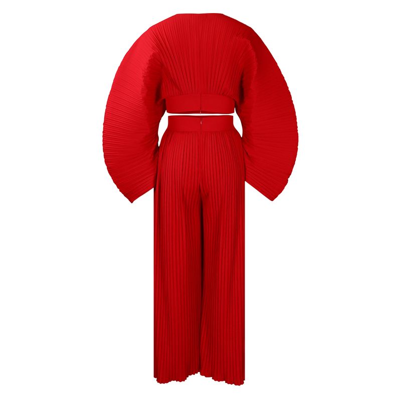 Abbigliamento donna nuova primavera pantaloni larghi a gamba larga con scollo a V pieghettato in due pezzi_voghion.com