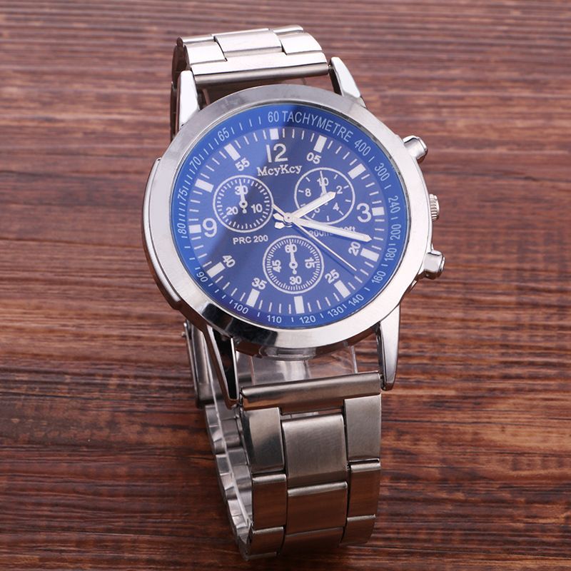 Bunte blaue Lichtglas drei Augen Stahlband Quarz Geschenk Herrenuhr_voghion.com