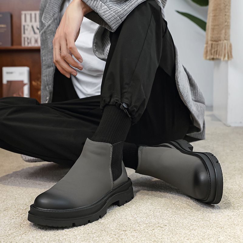 Retro Tooling Boots Thick-soled Heightened Lazy Foot-covering Martin Boots Genuine Leather Chelsea Short Boots_voghion.com